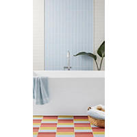 Thumbnail image of Bathroom area using tile on both floors and walls multi tones of the same tiles are used to create interest on bathroom floor with a stacked pattern. Bathroom wall features white tile stacked horizontally with a resin profile to accent a stacked pattern of vertical tile to make a waterfall feature behind bathtub faucet.